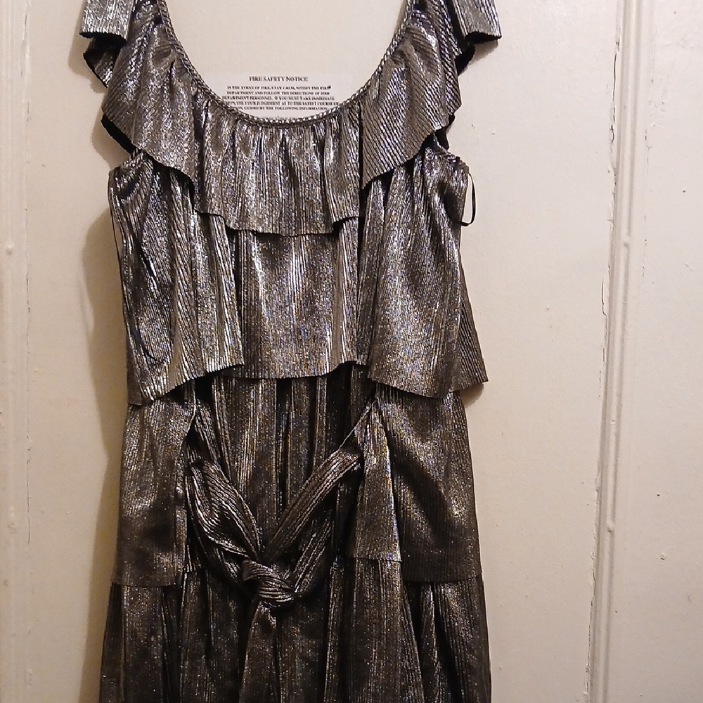 Metallic Ruffle Tiered Off-The-Shoulder Silver Dress - Picture 6 of 8